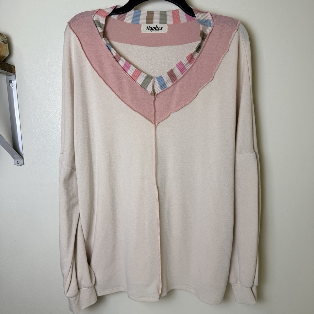 Haptics by Holly Harper Womens 2X Colorful Patchwork V-Neck Sweater Boho Soft